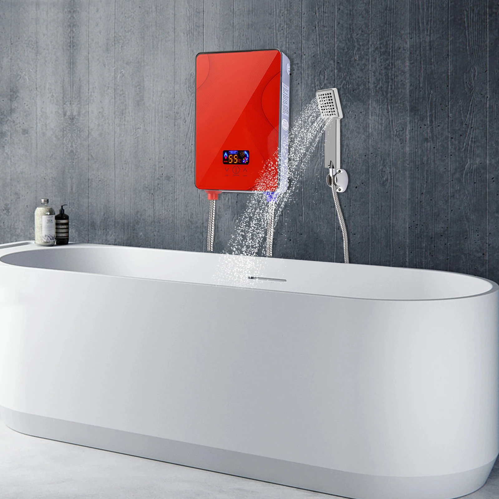 Electric Water Heater, Adjustable Temperature Range 86-131°F – Durable ABS Body, Red, 6500W, 220V, Water Heater