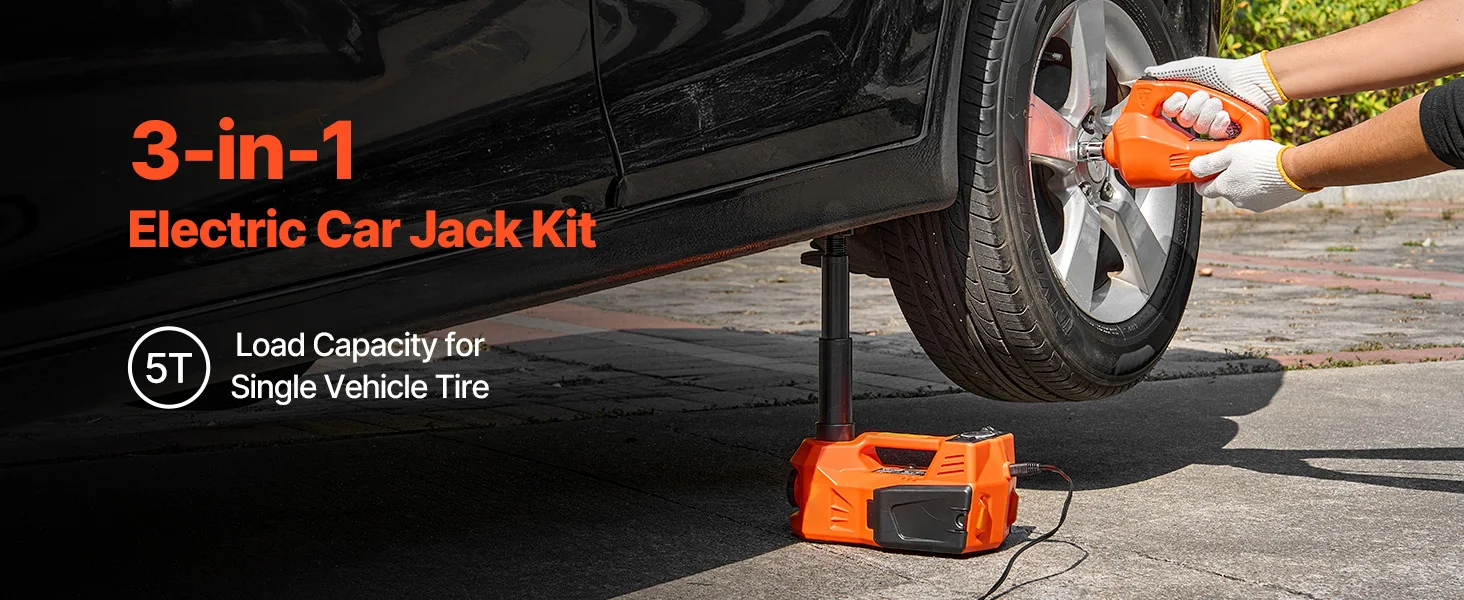 SucceBuy Electric Car Jack, 5T Electric Scissor Jack with Built-In Inflator 12V Tire Changer with LED Light for Sedan SUV Truck