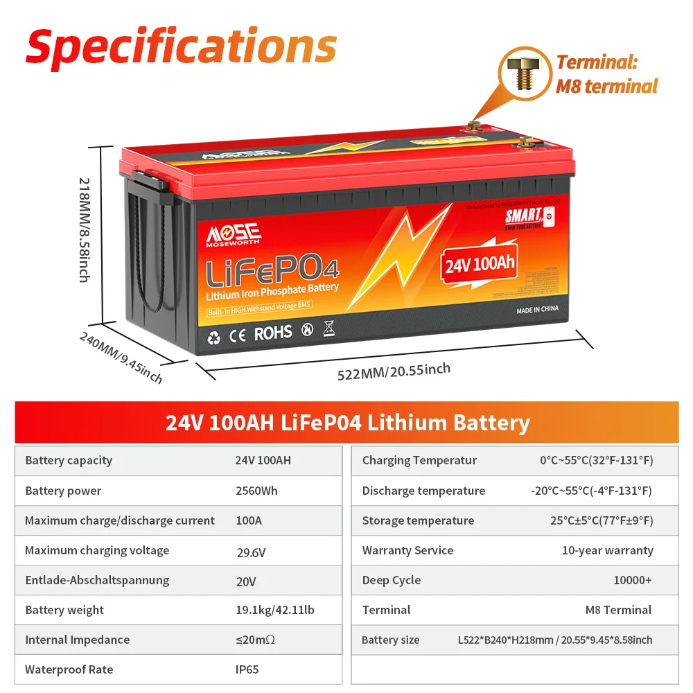 MOSEWORTH 24V 100Ah LiFePO4 Battery Pack Lithium Iron Phosphate Batteries Built-in Bluetooth BMS 8000+ Cycles For Solar Boat