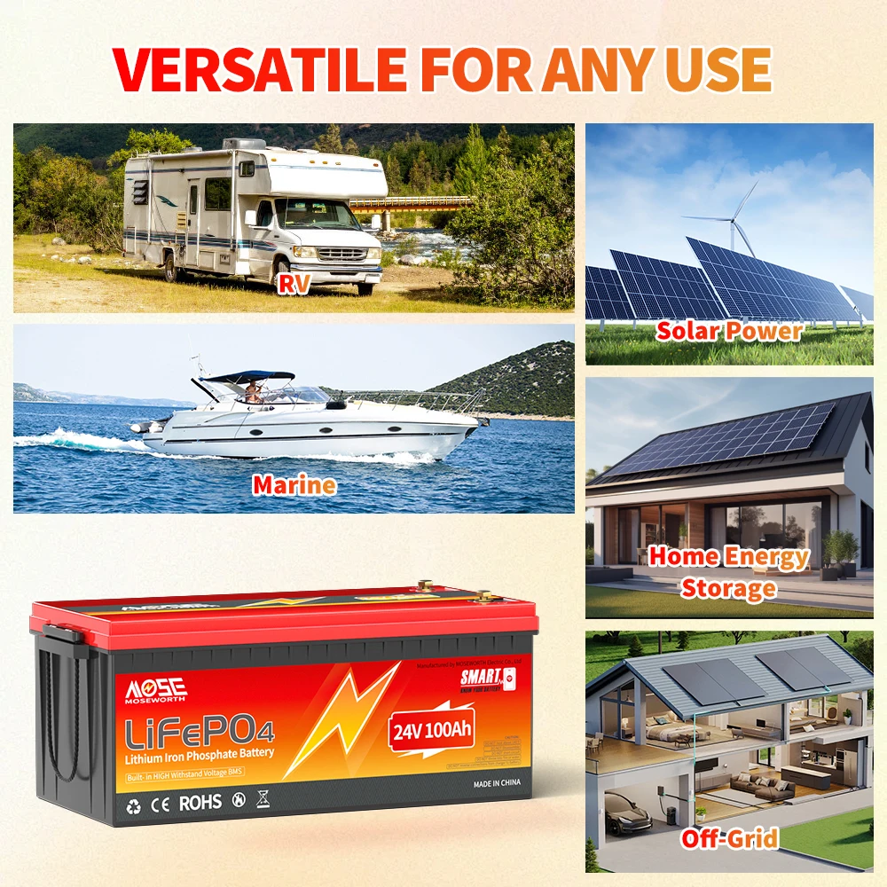 MOSEWORTH 24V 100Ah LiFePO4 Battery Pack Lithium Iron Phosphate Batteries Built-in Bluetooth BMS 8000+ Cycles For Solar Boat