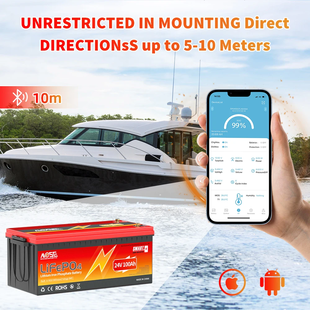 MOSEWORTH 24V 100Ah LiFePO4 Battery Pack Lithium Iron Phosphate Batteries Built-in Bluetooth BMS 8000+ Cycles For Solar Boat