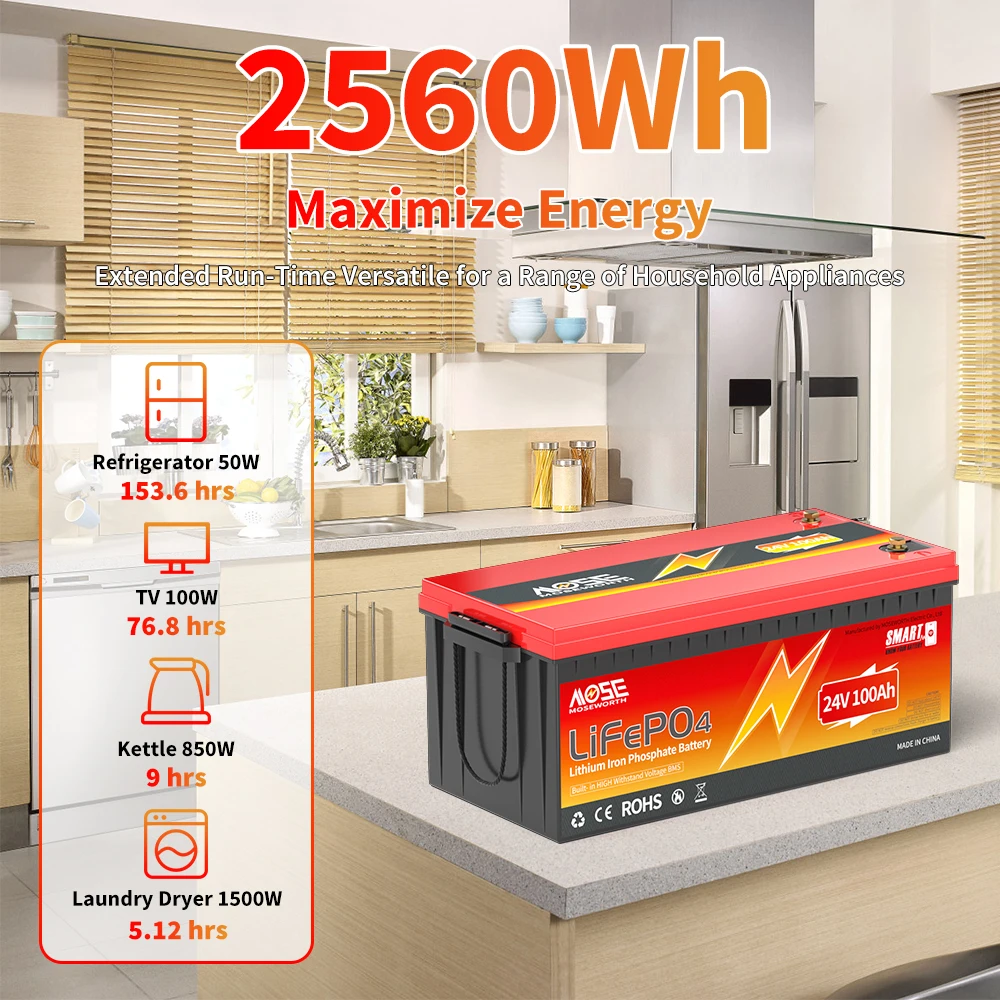 MOSEWORTH 24V 100Ah LiFePO4 Battery Pack Lithium Iron Phosphate Batteries Built-in Bluetooth BMS 8000+ Cycles For Solar Boat
