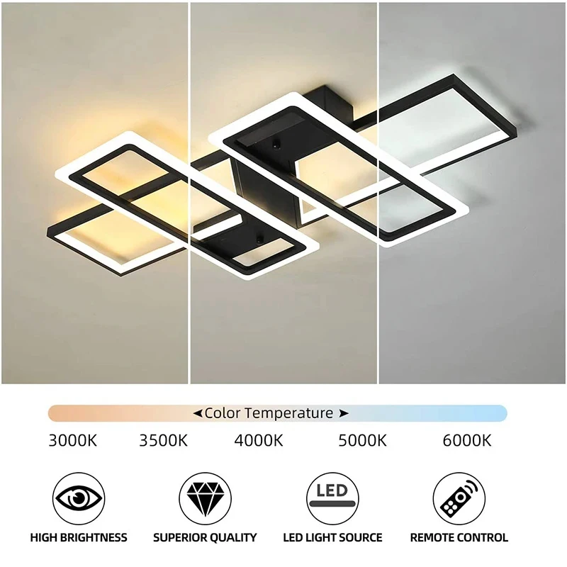 Dimmable Rectangle Ceiling Light with Remote Control for LivingRoom Bedroom Office Hallway Country House 3000-6500K Black
