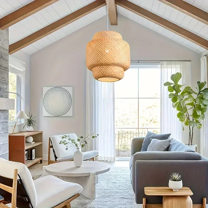 Modern Handcrafted Pendant Lights Bamboo Chandelier | CE 220V E26/E27 | Woven Shade Semi-Flush Mount