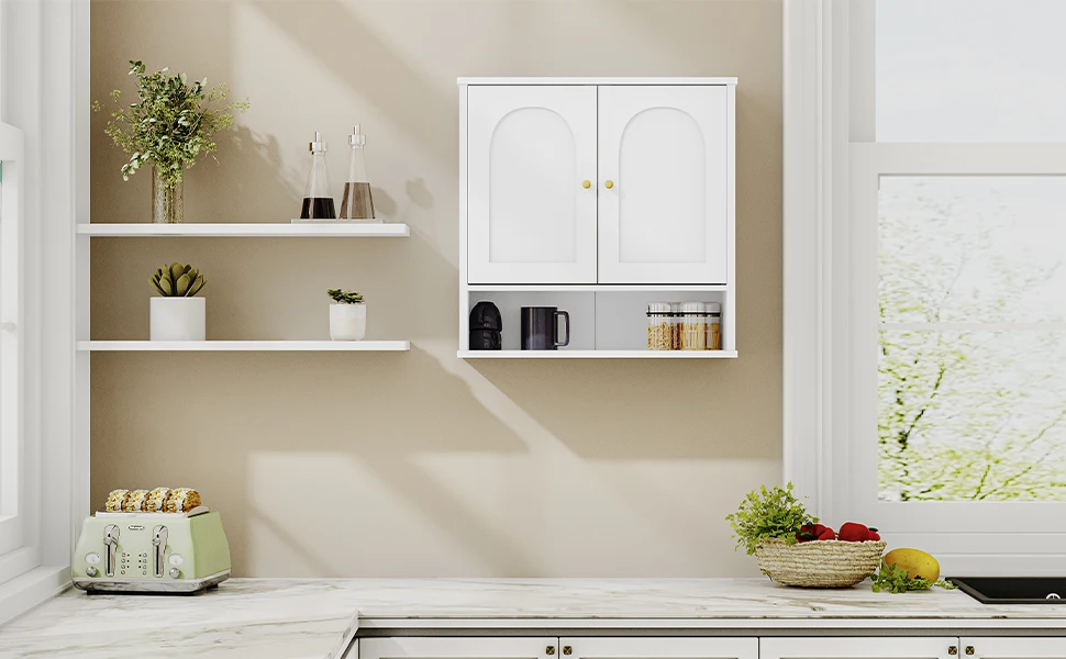 Wall Cabinet, Bathroom Cabinet, Wall Cabinet for Toilet and above Sink, with 2 Doors, Open Space, White with Wood Grain