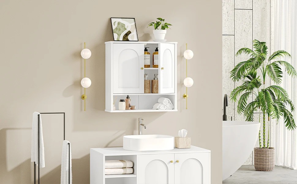 Wall Cabinet, Bathroom Cabinet, Wall Cabinet for Toilet and above Sink, with 2 Doors, Open Space, White with Wood Grain