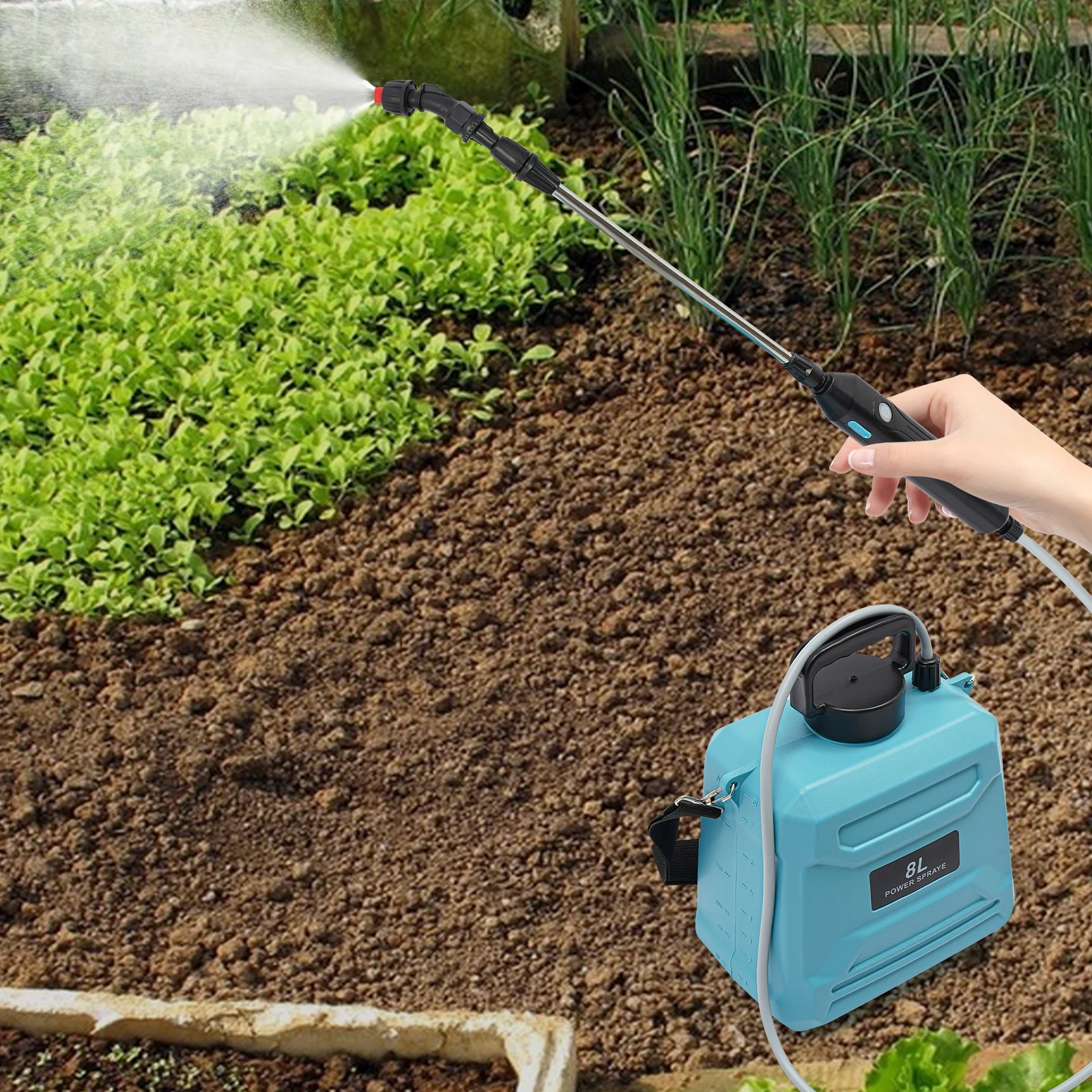 8L Blue Electric Spray Watering Can Plastic Copper 18650 Lithium Battery For Indoors And Outdoors Watering Or Spraying Plants