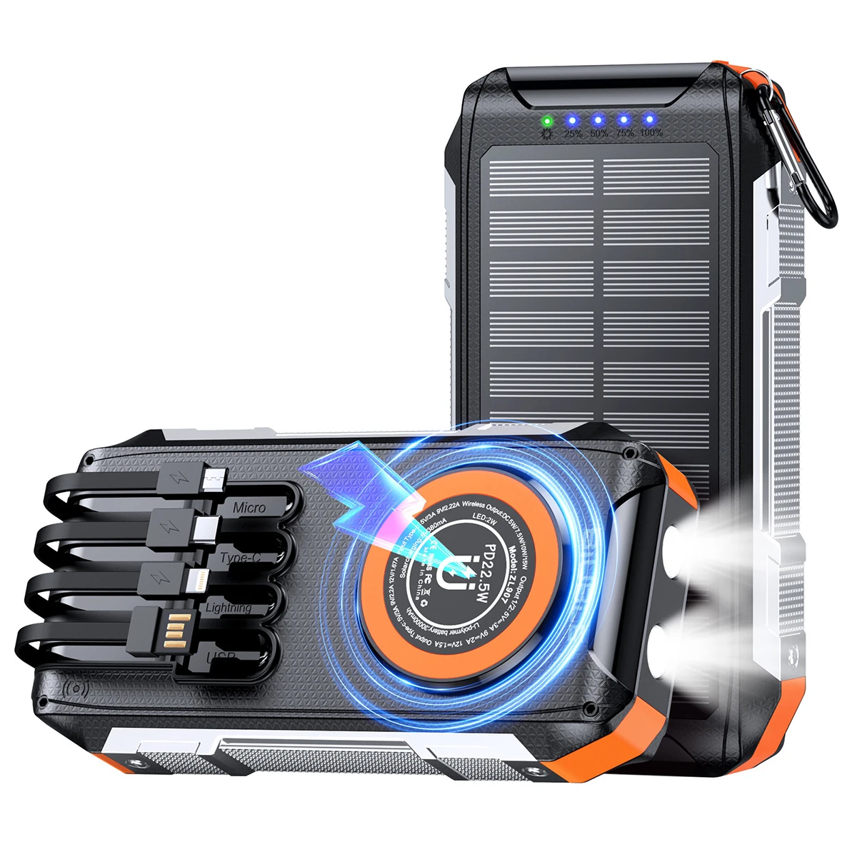 20000mAh Large Capacity Solar Panel Power Bank Outdoor Portable Phone Charger for iPhone 15 Samsung S21