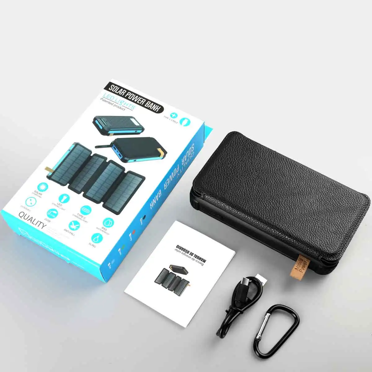 20000mAh Large Capacity Solar Panel Power Bank Outdoor Portable Phone Charger for iPhone 15 Samsung S21