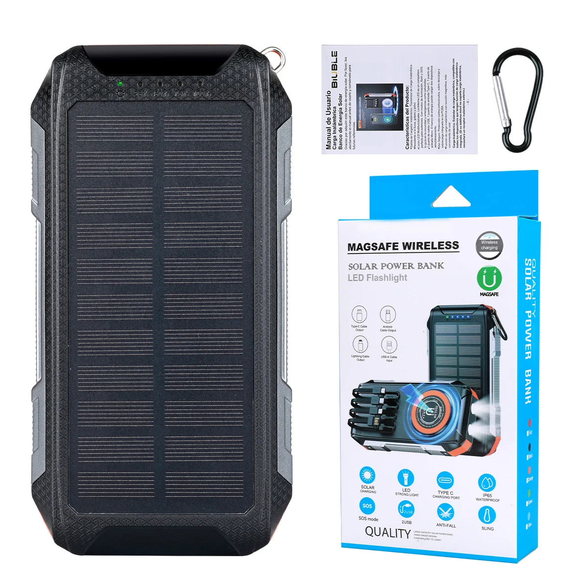 20000mAh Large Capacity Solar Panel Power Bank Outdoor Portable Phone Charger for iPhone 15 Samsung S21