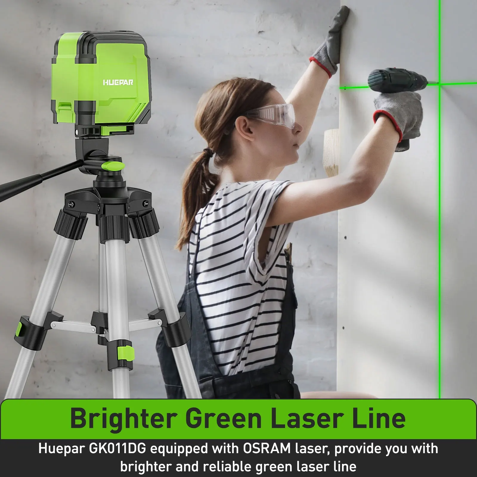 Huepar GK011DG 2 Lines Cross Line Laser Level Self-Leveling Horizontal & Vertical Level Germany Osram Green Beam With Bracket