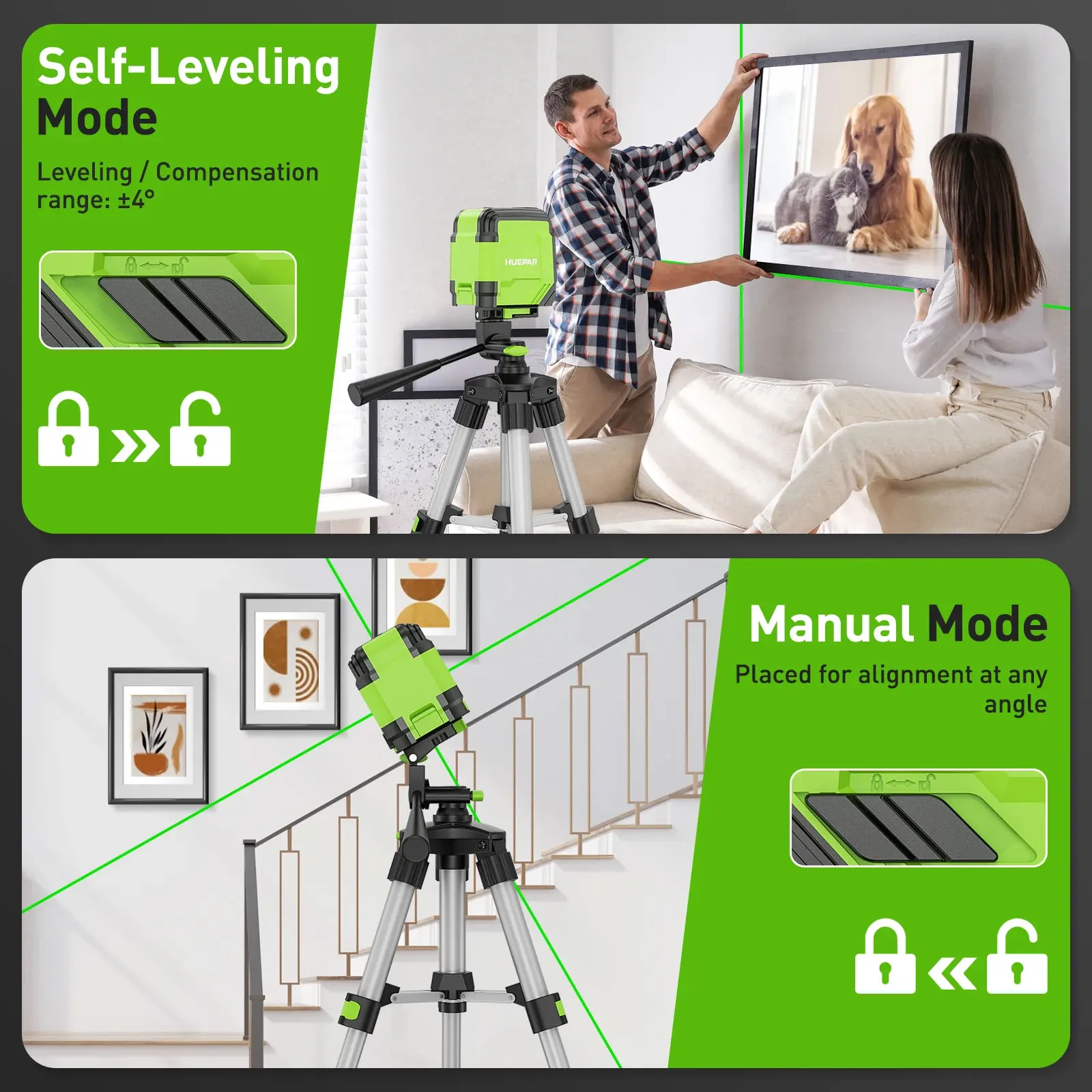Huepar GK011DG 2 Lines Cross Line Laser Level Self-Leveling Horizontal & Vertical Level Germany Osram Green Beam With Bracket