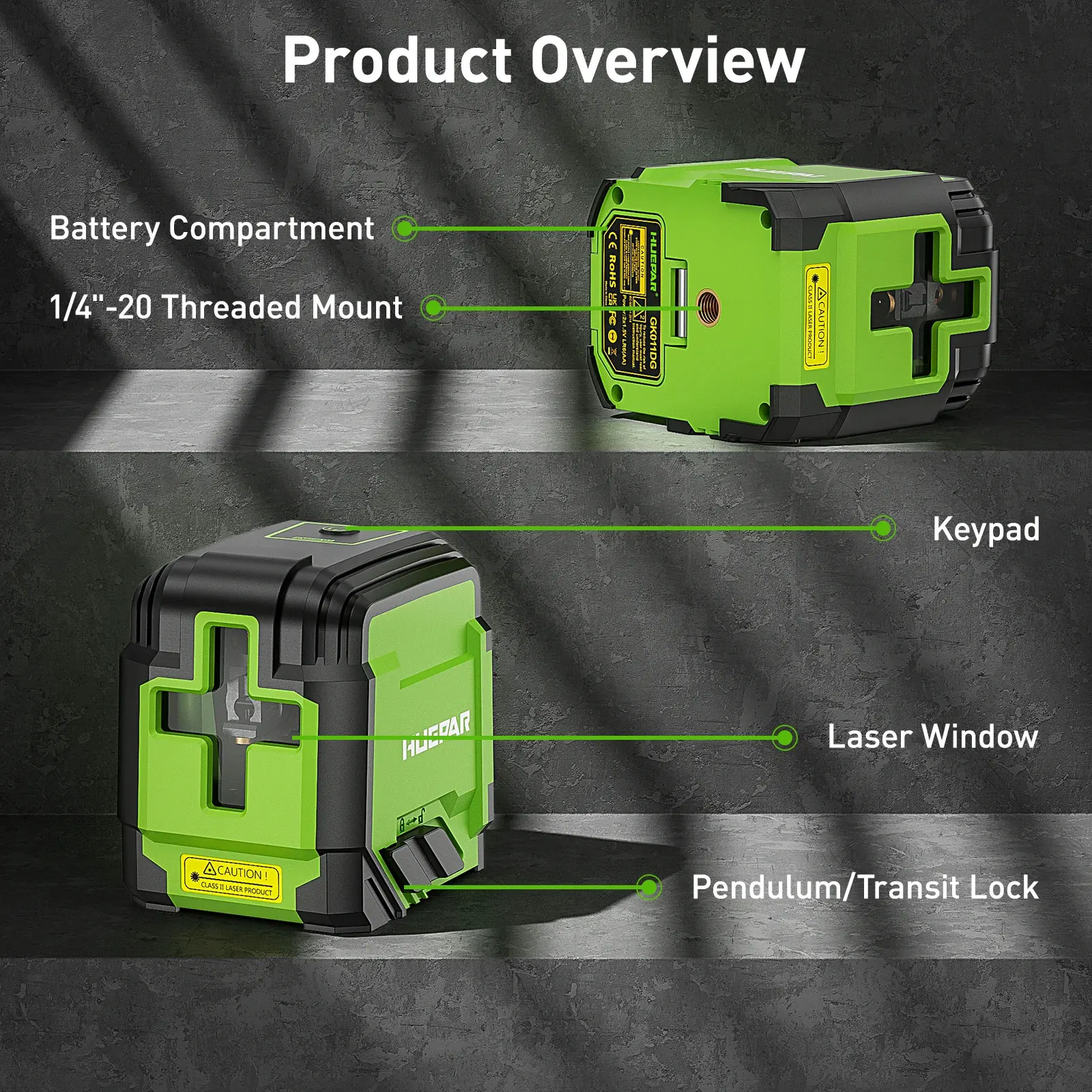 Huepar GK011DG 2 Lines Cross Line Laser Level Self-Leveling Horizontal & Vertical Level Germany Osram Green Beam With Bracket