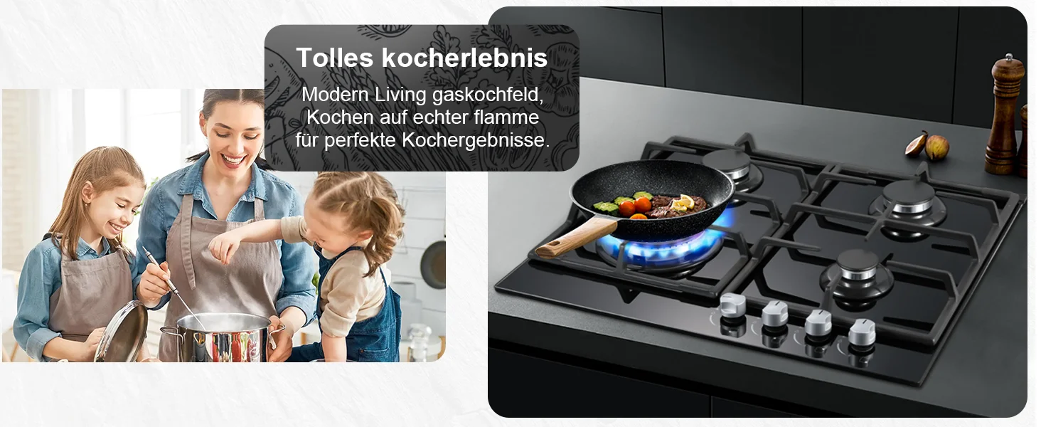 58cm Gas Hob | 4 Burner Dual Fuel (NG/LPG) 8060W Auto Flame Shut-off & Tempered Glass Surface | Built-in/Freestanding 220-240V