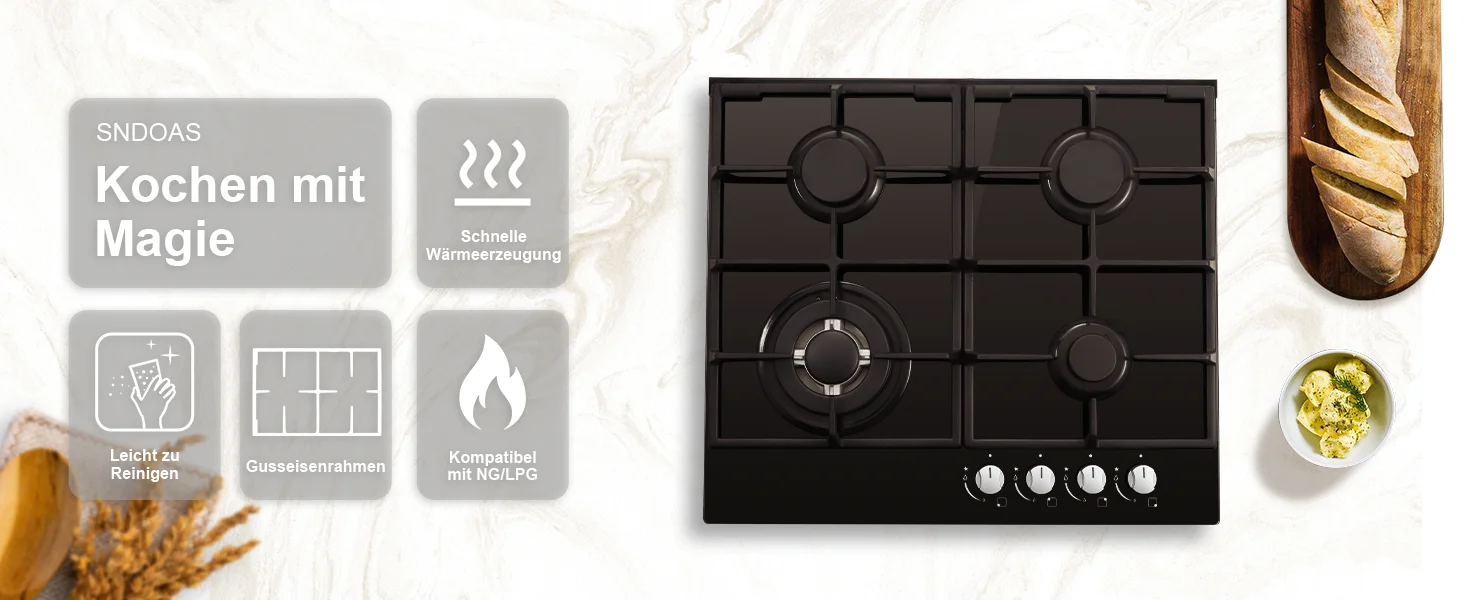 58cm Gas Hob | 4 Burner Dual Fuel (NG/LPG) 8060W Auto Flame Shut-off & Tempered Glass Surface | Built-in/Freestanding 220-240V