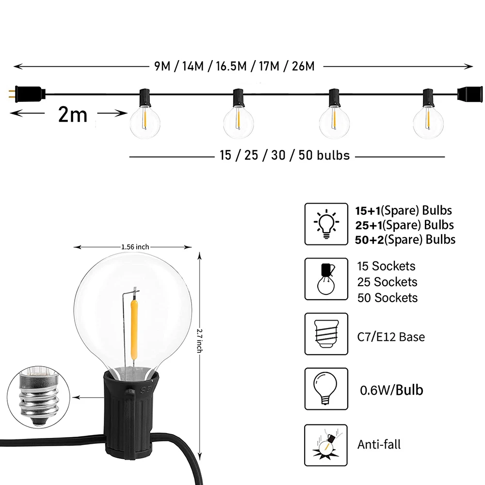 Festoon LED Globe String Fairy Light 17M 50Bulbs LED G40 Outdoor Christmas Party Garden Decor Garland Lamp Street Patio Backyard