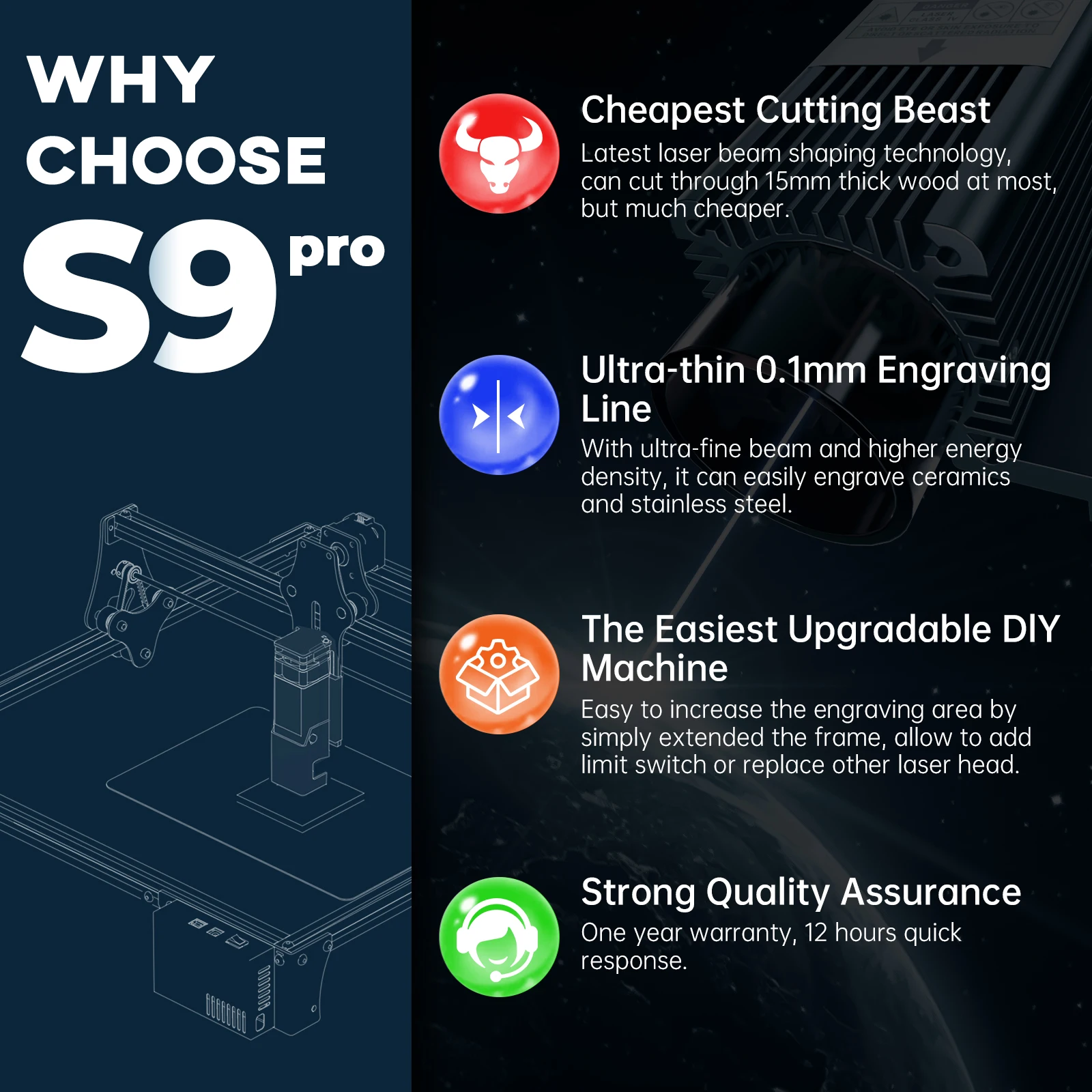 SCULPFUN S9 Pro 10W Laser Engraver Wood Acrylic Engraving Cutting Machine 400x410mm EU Fast Focusing Design
