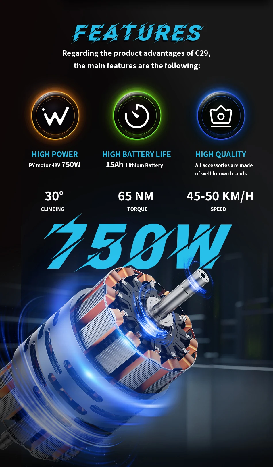 DUOTTS C29 Electric Bicycle 750W Motor 48V30AH Lithium Battery Adult Electric Bike 29-inch Tire Riding City Mountain Snow E-bike