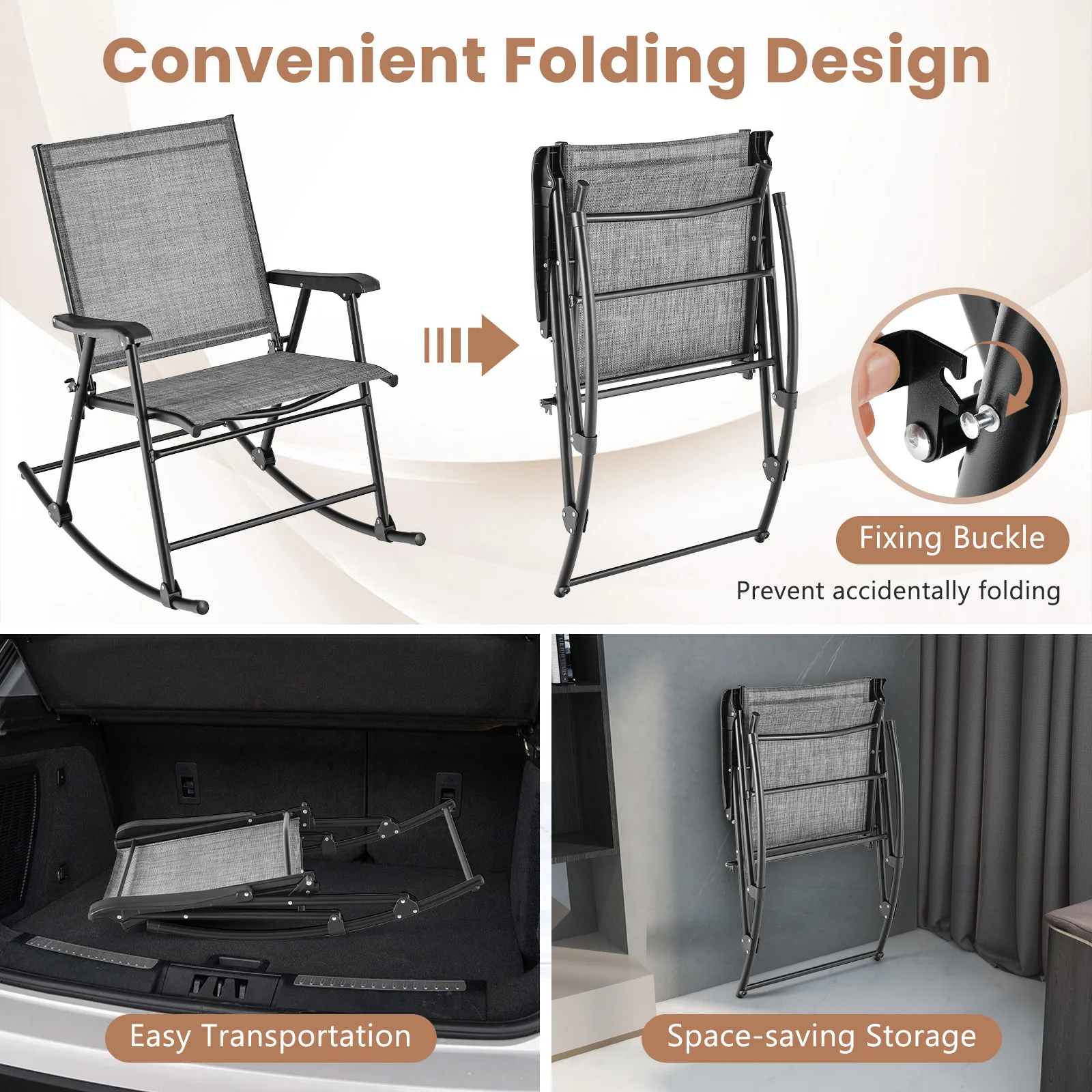 2pcs Patio Folding Rocking Chair Heavy-Duty Metal Frame Rockers Outdoor