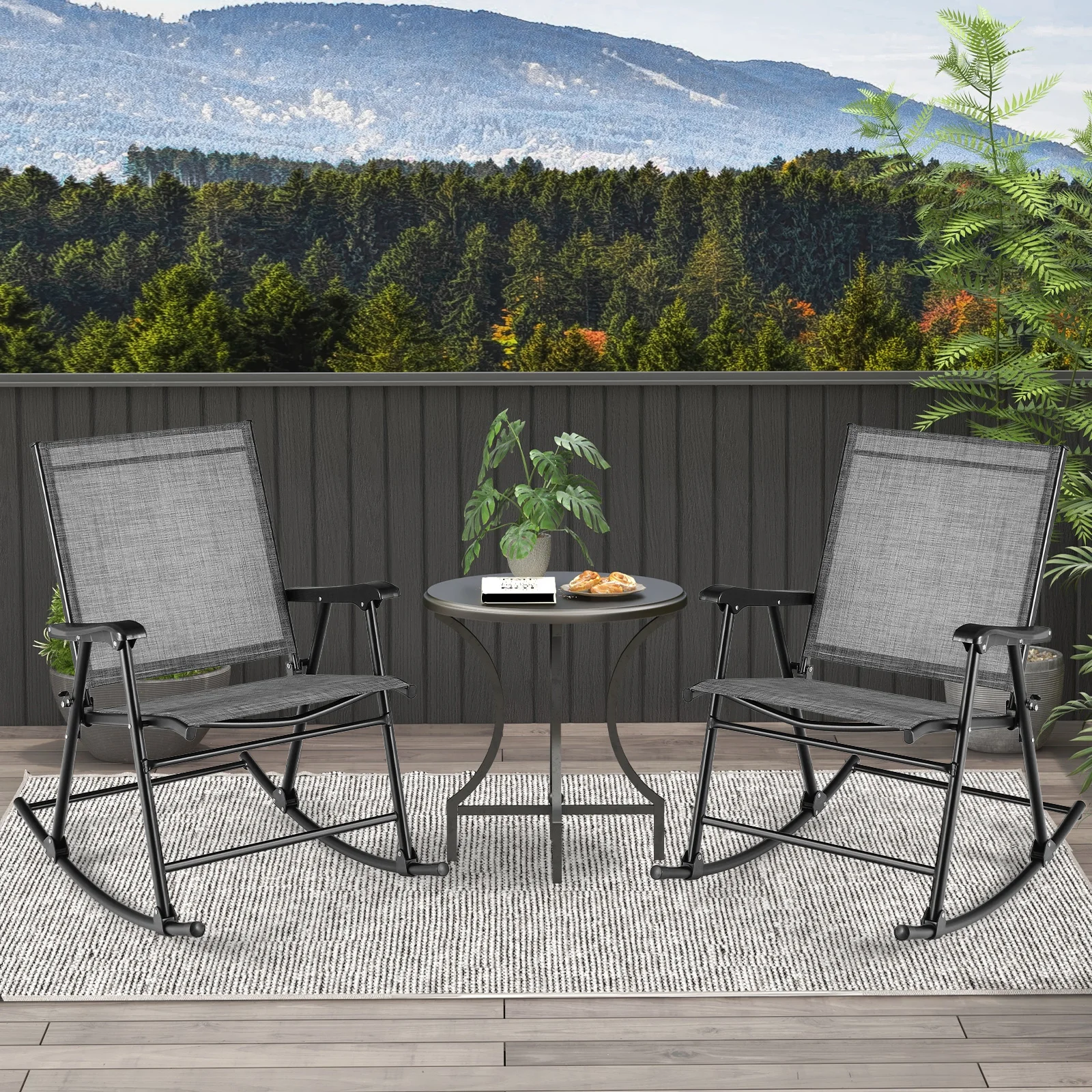 2pcs Patio Folding Rocking Chair Heavy-Duty Metal Frame Rockers Outdoor
