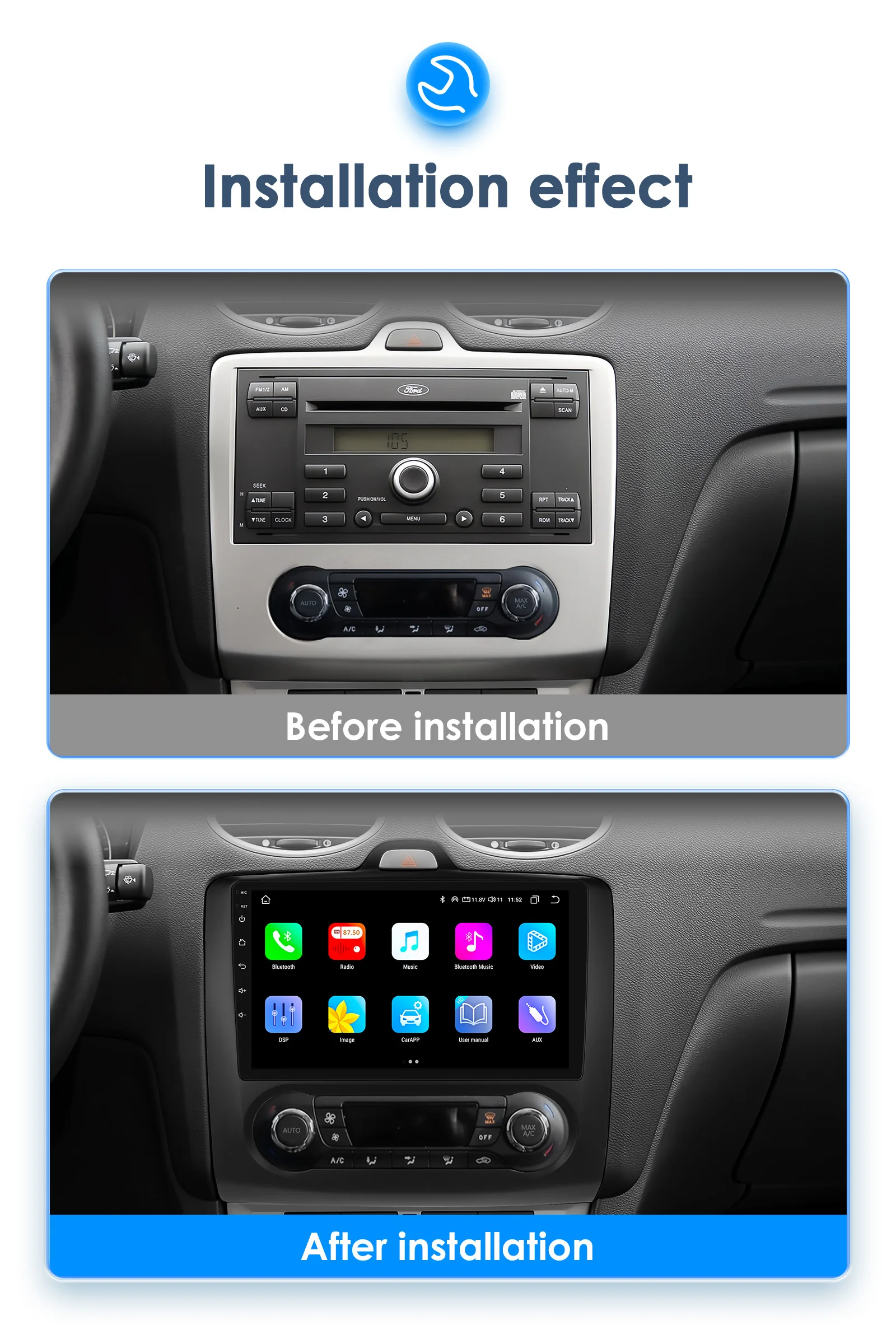 Hizpo 2Din 9inch Android13 Car Radio for Ford Focus 2 Mk2 2004 - 2011 Auto AC CarPlay GPS Navi BT 4G RDS DSP SWC UI8581 Headunit