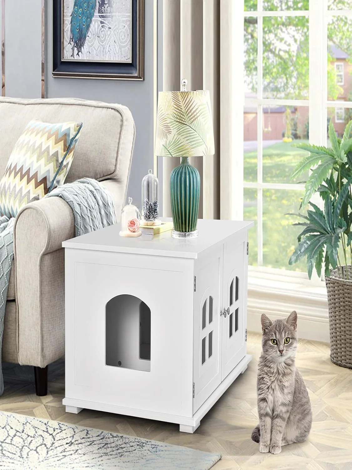 Cat house with 2 magnetic doors 81x53x49cm, white