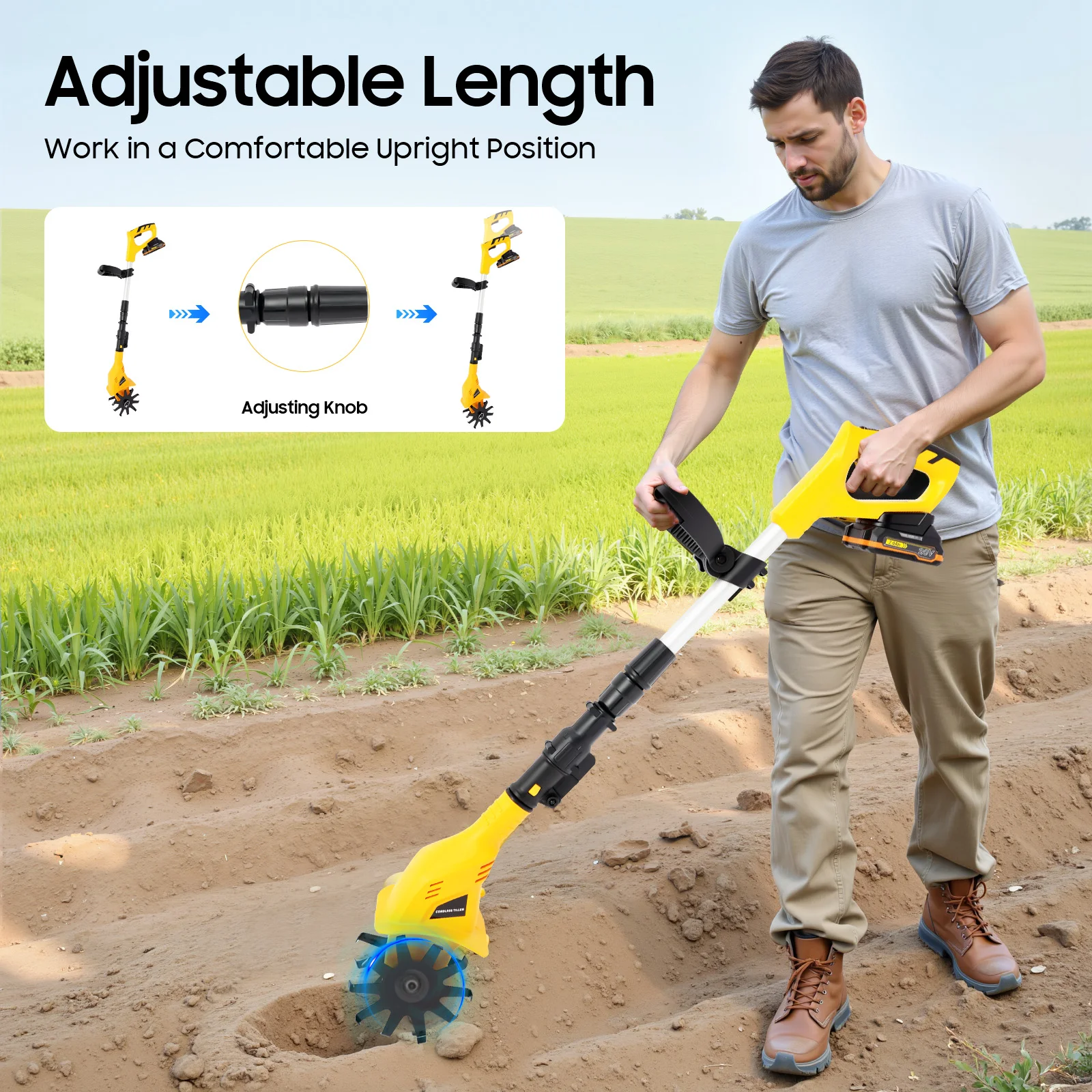 Handheld Cordless Electric Cultivator 250r/min Garden Cultivator Professional Portable Cultivator with Extendable Pole+Indicator