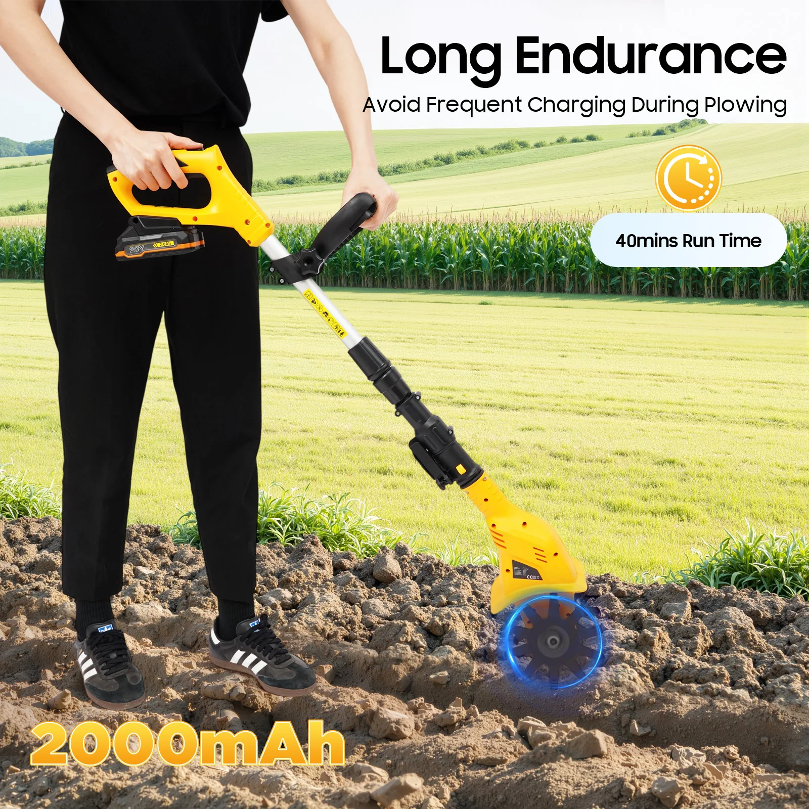 Handheld Cordless Electric Cultivator 250r/min Garden Cultivator Professional Portable Cultivator with Extendable Pole+Indicator