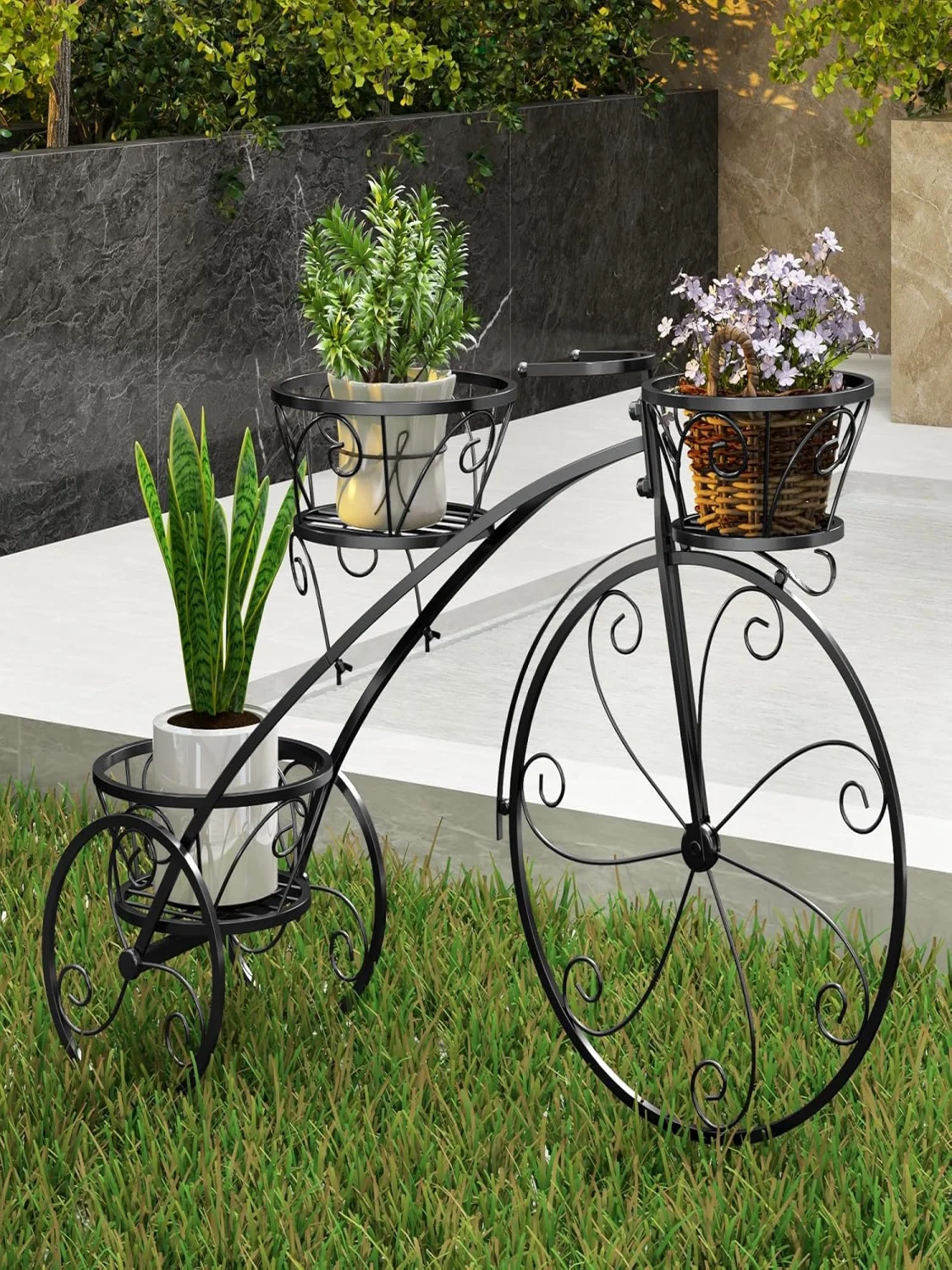 Metal Plant Stand, Bicycle Design, Flower Rack with 3 Baskets, Flower Stand , Flower Wheel Plant Rack Retro(Black)