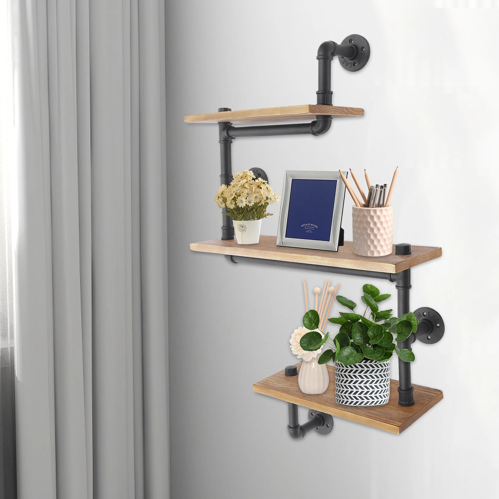 3 Tier Vintage Retro Industrial Wooden Wall Shelf Storage Shelf Metal Storage Shelf for Living Room Kitchen Bathroom Black