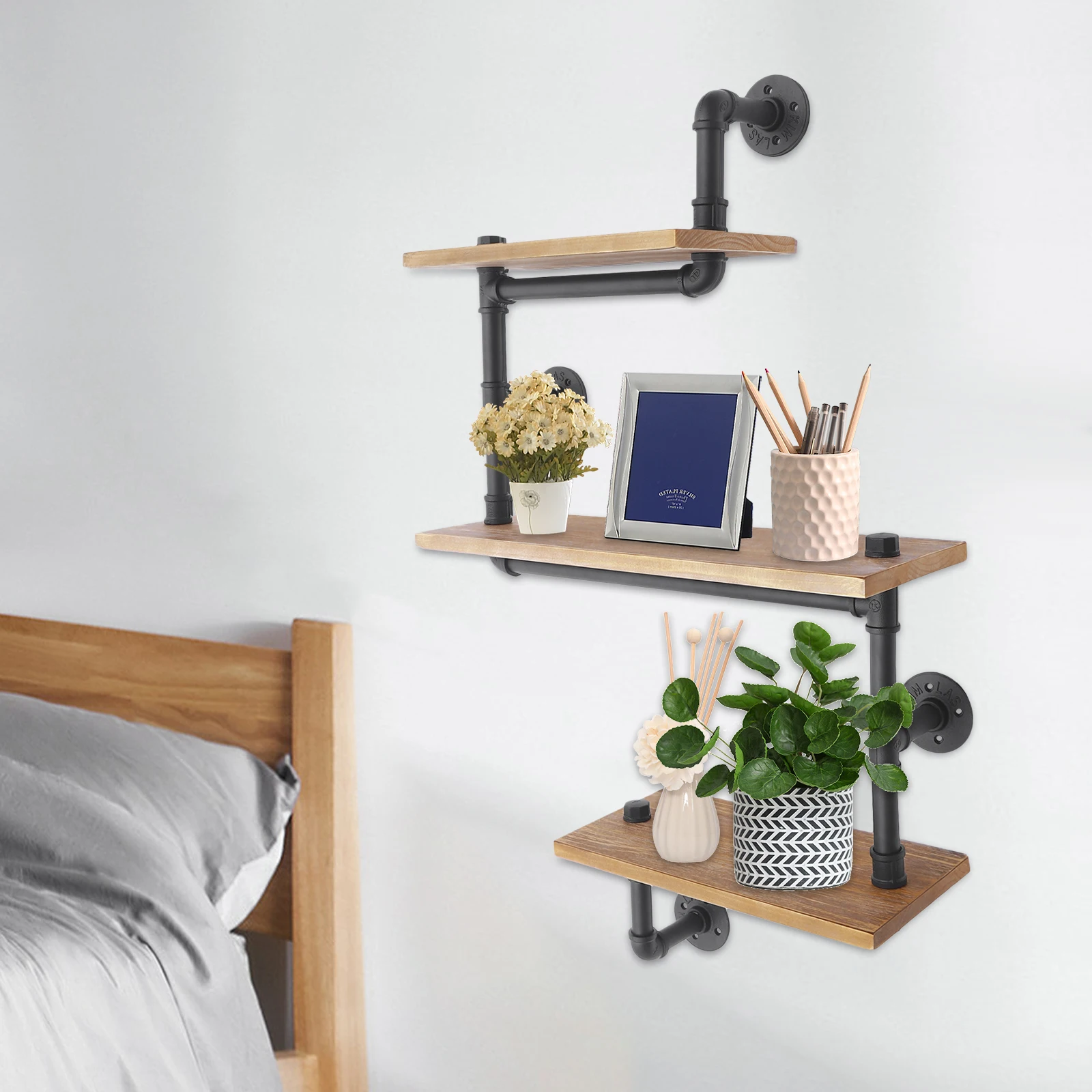 3 Tier Vintage Retro Industrial Wooden Wall Shelf Storage Shelf Metal Storage Shelf for Living Room Kitchen Bathroom Black