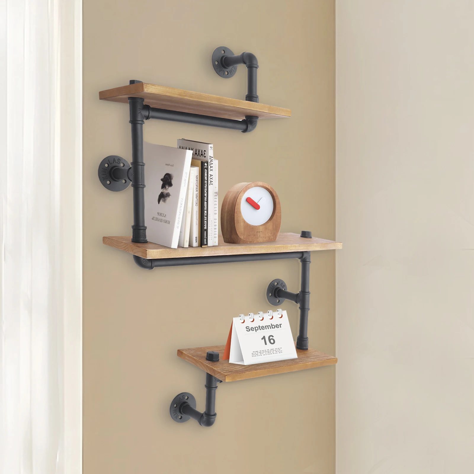 3 Tier Vintage Retro Industrial Wooden Wall Shelf Storage Shelf Metal Storage Shelf for Living Room Kitchen Bathroom Black