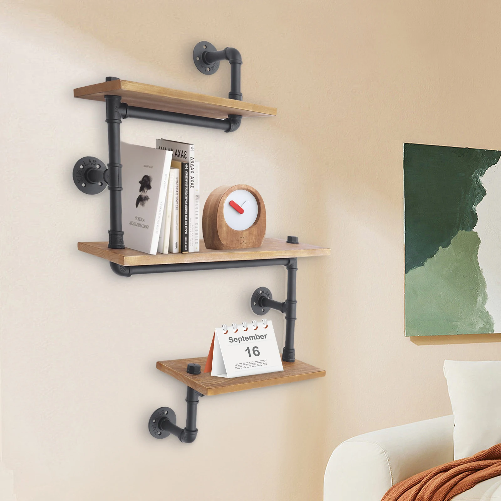 3 Tier Vintage Retro Industrial Wooden Wall Shelf Storage Shelf Metal Storage Shelf for Living Room Kitchen Bathroom Black