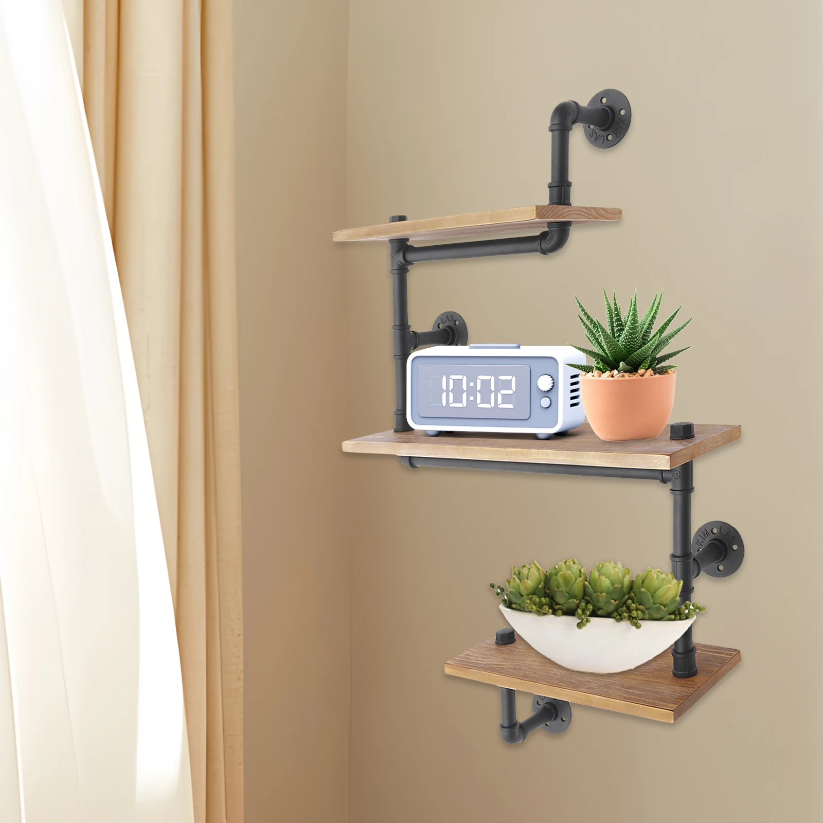 3 Tier Vintage Retro Industrial Wooden Wall Shelf Storage Shelf Metal Storage Shelf for Living Room Kitchen Bathroom Black