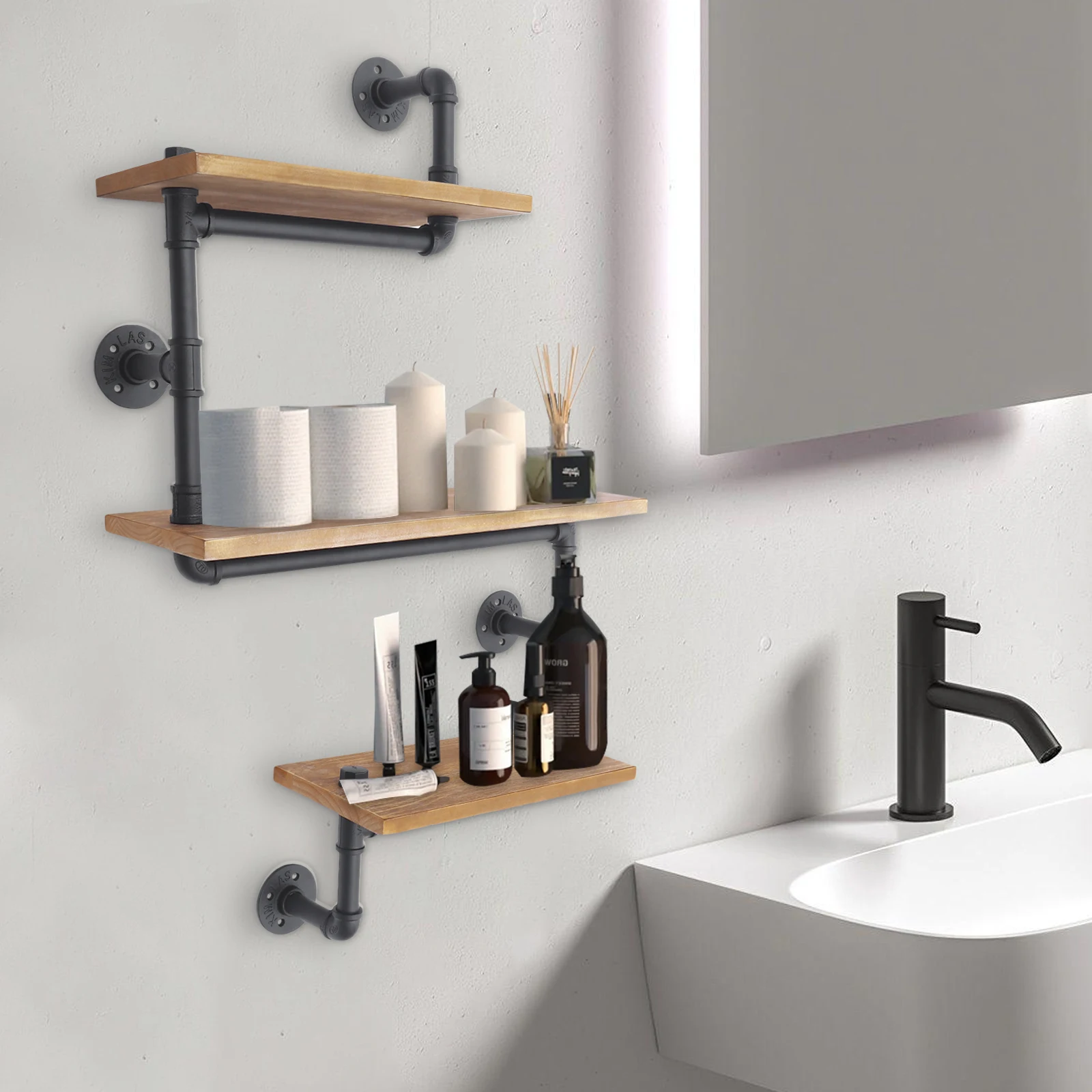 3 Tier Vintage Retro Industrial Wooden Wall Shelf Storage Shelf Metal Storage Shelf for Living Room Kitchen Bathroom Black