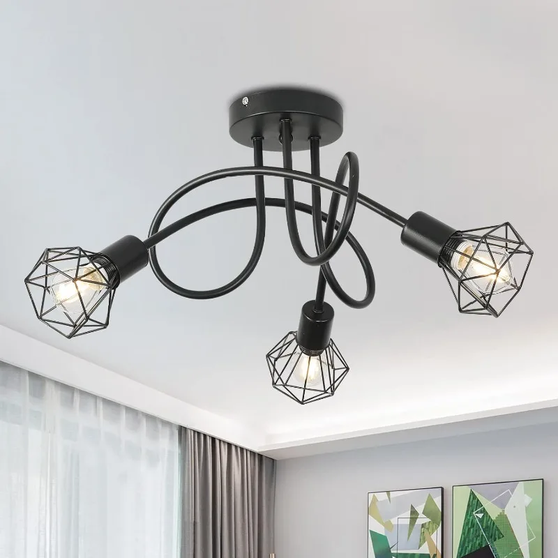 Industrial 3-Light Aluminum Ceiling Lamp Black Cage Design Indoor Lighting for Kitchen Hall Living Room Bedroom