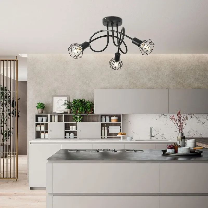 Industrial 3-Light Aluminum Ceiling Lamp Black Cage Design Indoor Lighting for Kitchen Hall Living Room Bedroom