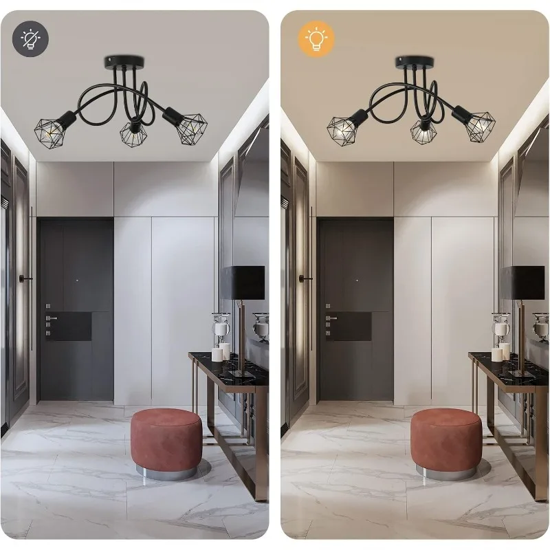 Industrial 3-Light Aluminum Ceiling Lamp Black Cage Design Indoor Lighting for Kitchen Hall Living Room Bedroom