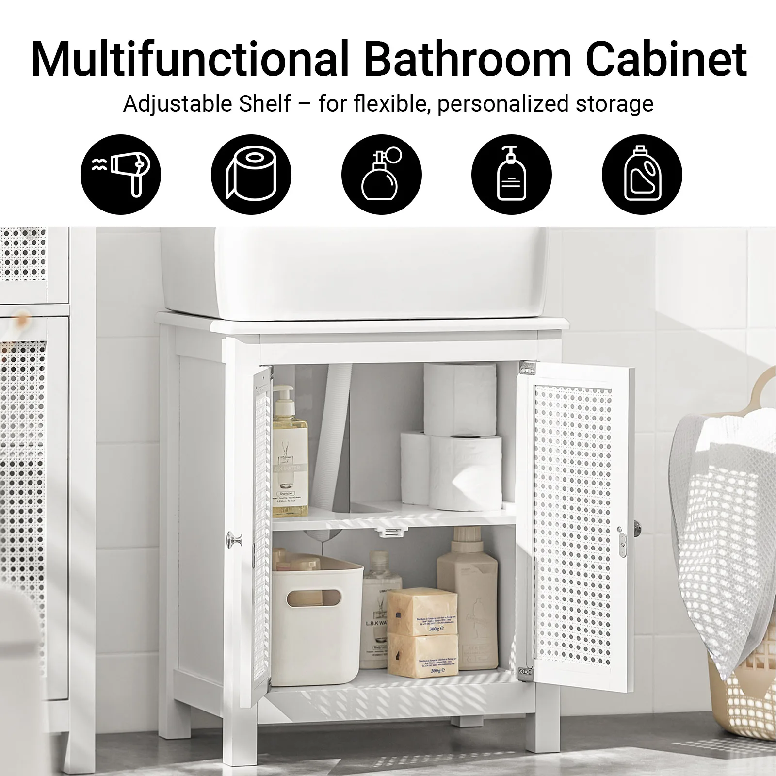 SoBuy BZR35-W washbasin under wardrobe with grid look doors bathroom wardrobe Vanity under wardrobe bathroom furniture White BHT approx.: 50x60x33cm