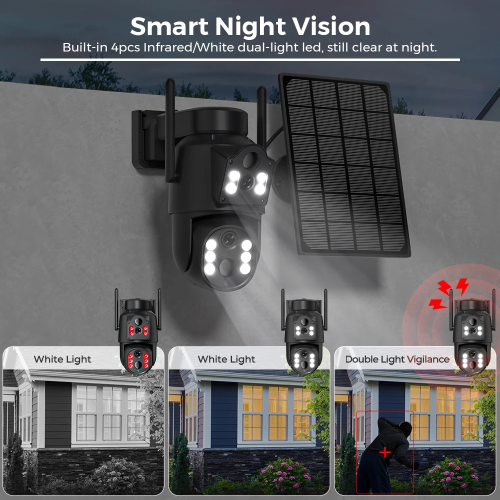 ABUNTU 8MP 4K Wireless Solar Camera Wifi Dual Screens ICSEE Security Camera Solar Panel 365 Days Standby PIR Human Detection
