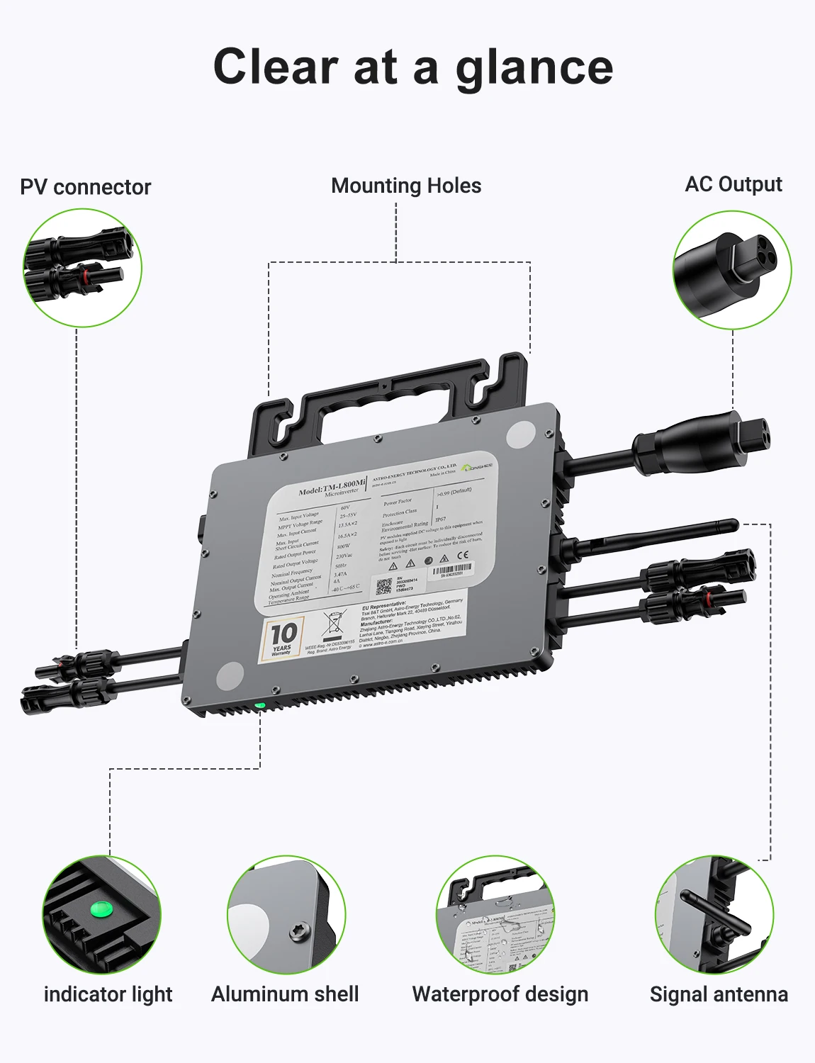 800W Micro Inverter Dual Mppt 96% Efficiency 60V Dc Input 13.5A Wifi Monitoring Ip67 Plug and Play Solar Inverter