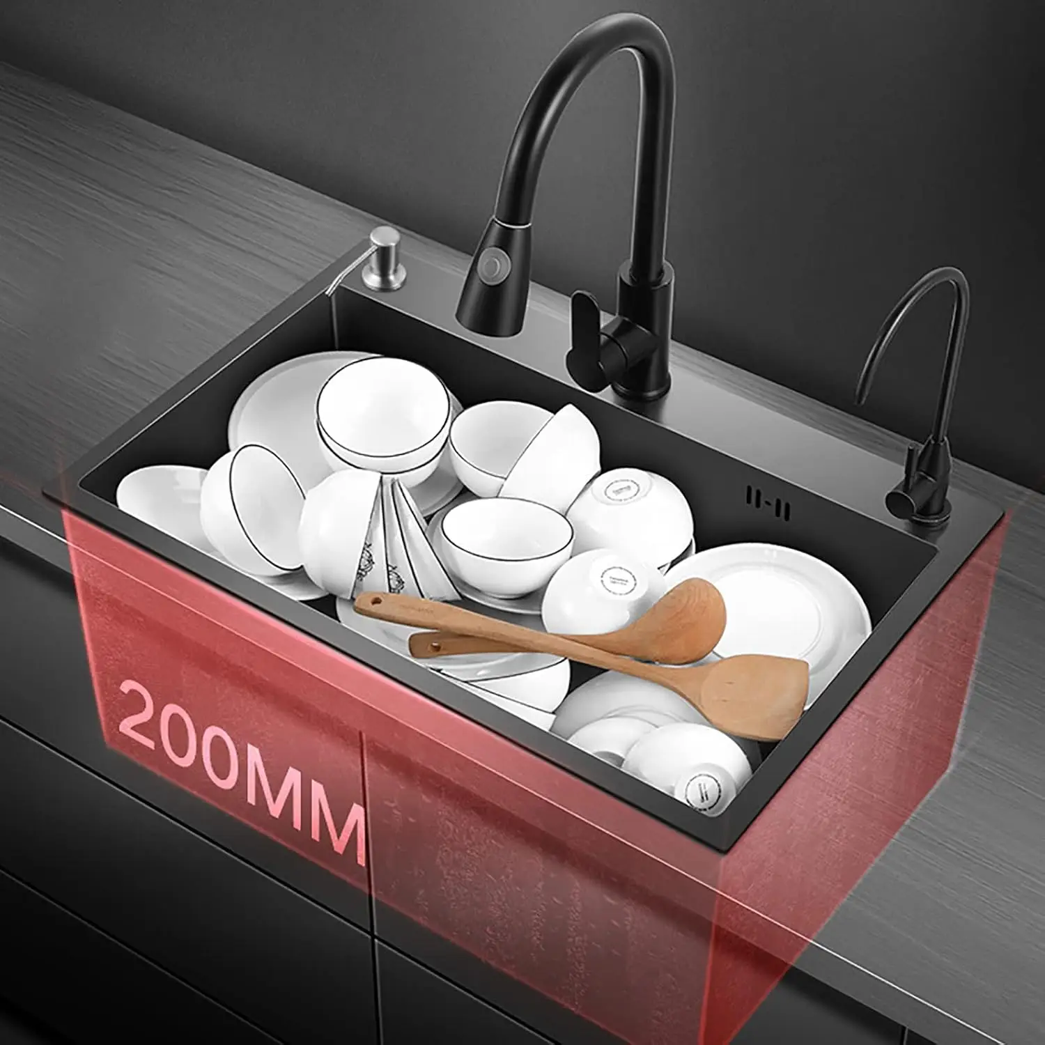Black Sink, Stainless Steel Built-in Sink, Kitchen Sink, Rectangular Sink with Soap Dispenser and Water Hose, 45 x 50 cm