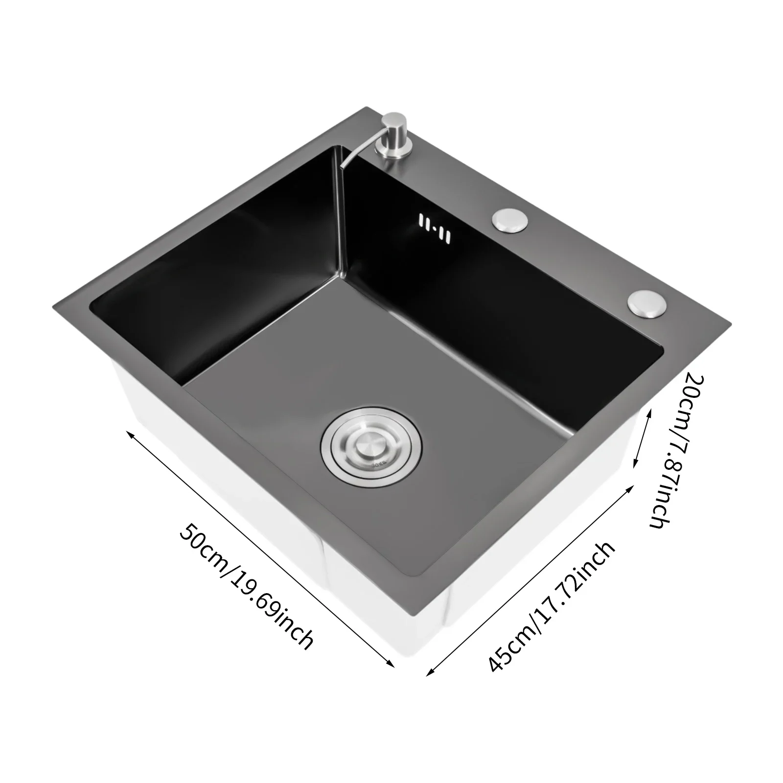 Black Sink, Stainless Steel Built-in Sink, Kitchen Sink, Rectangular Sink with Soap Dispenser and Water Hose, 45 x 50 cm