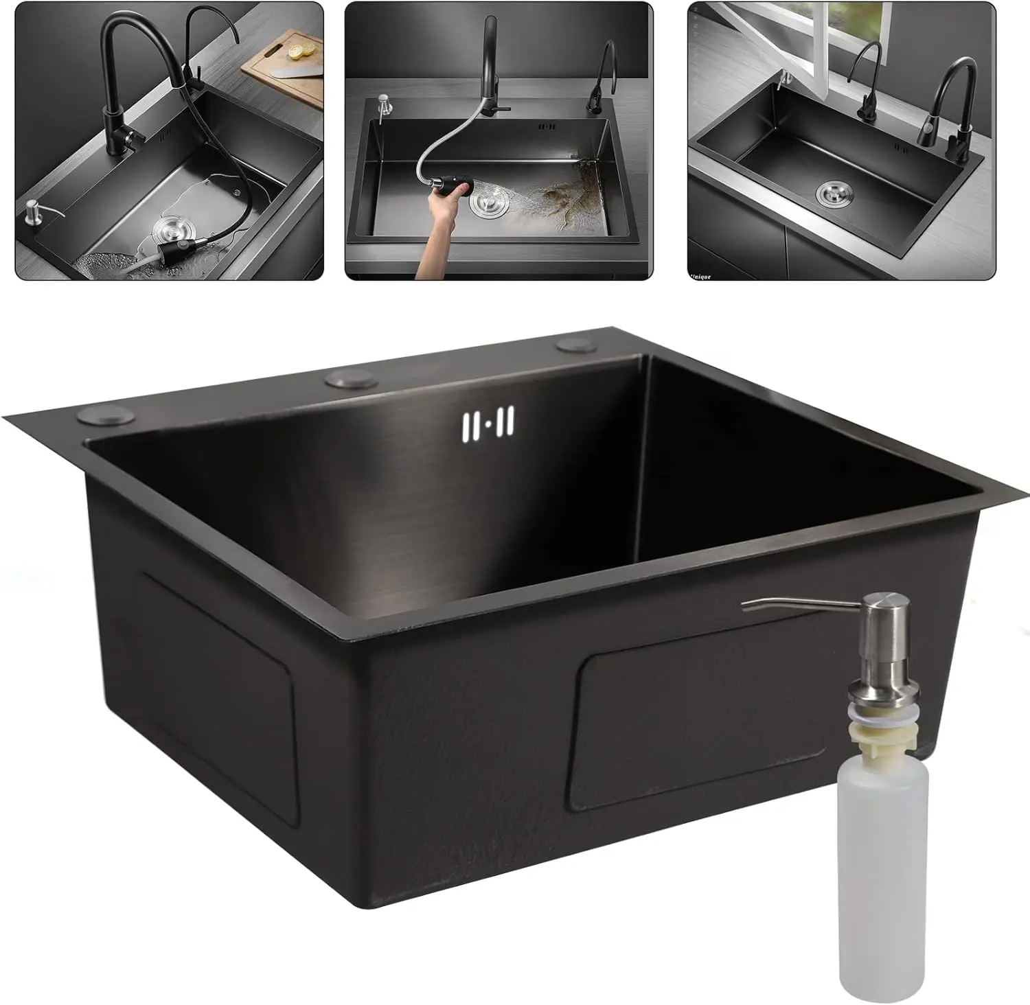Black Sink, Stainless Steel Built-in Sink, Kitchen Sink, Rectangular Sink with Soap Dispenser and Water Hose, 45 x 50 cm