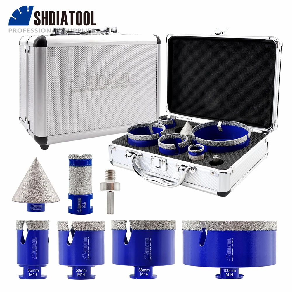SHDIATOOL 7Pcs Diamond Drill Bit Set Dia35/50/68/100mm Drilling Crown+25mm Milling Finger Bit+50mm Chamfer+ HEX Adapter Tile Kit
