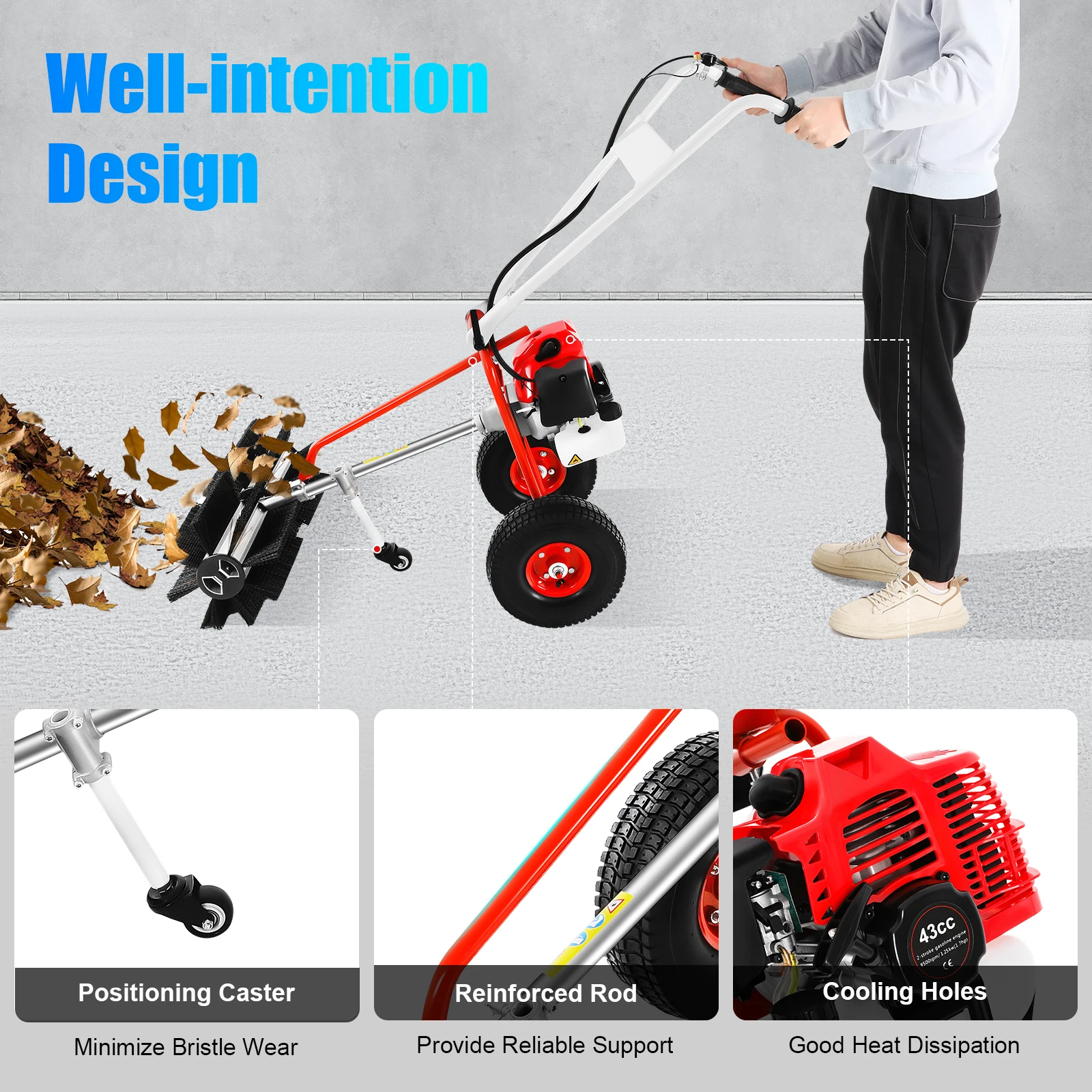 1.7hp Horsepower Lawn Yard Sweeper with Goggles 2 Large Wheels 23.62in Sweeping Width Leaf Blower for Sweep Leaves 