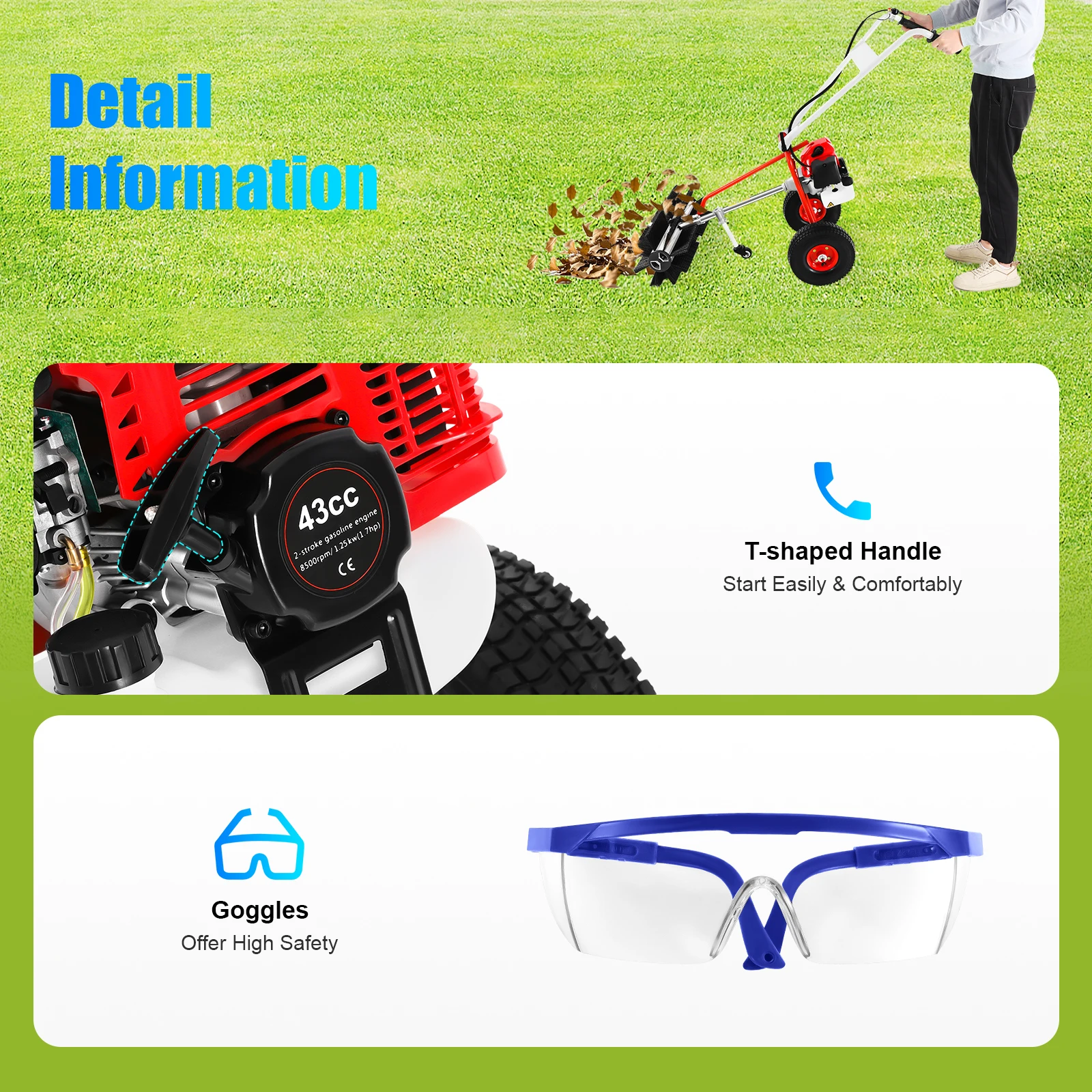 1.7hp Horsepower Lawn Yard Sweeper with Goggles 2 Large Wheels 23.62in Sweeping Width Leaf Blower for Sweep Leaves 
