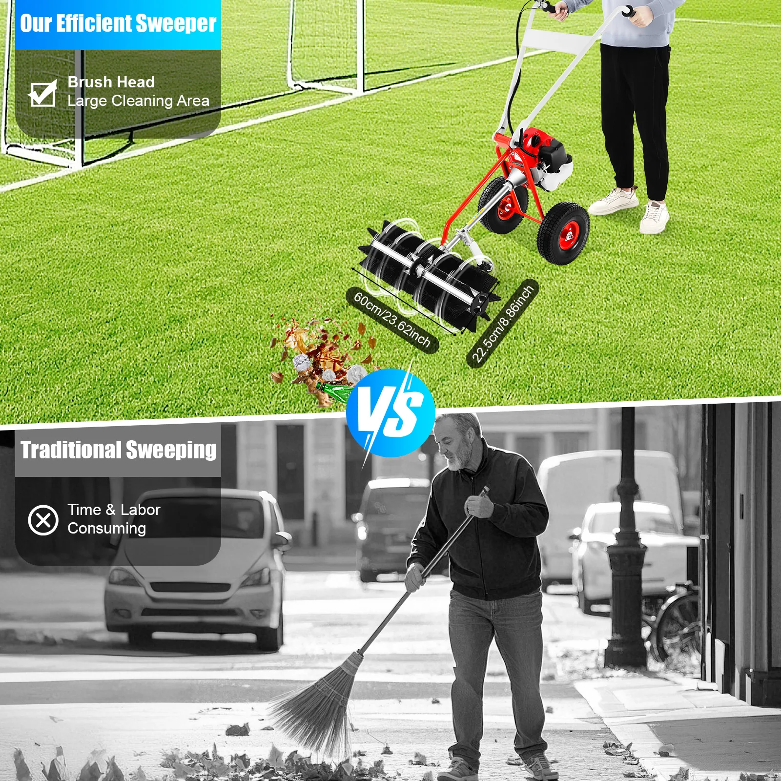 1.7hp Horsepower Lawn Yard Sweeper with Goggles 2 Large Wheels 23.62in Sweeping Width Leaf Blower for Sweep Leaves 