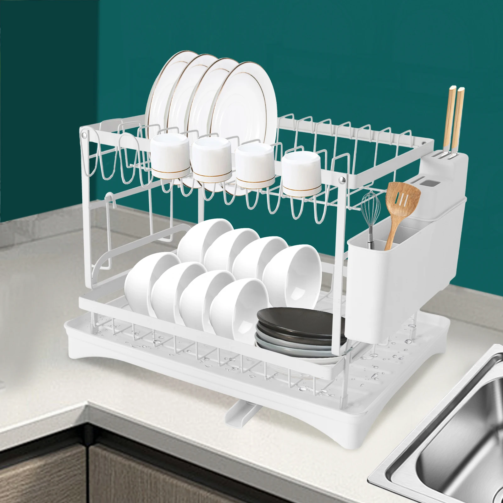 Dish Drainer Kitchen Countertop Dish Drying Rack Cutlery Holder with Spout and Draining Tray--Black/White