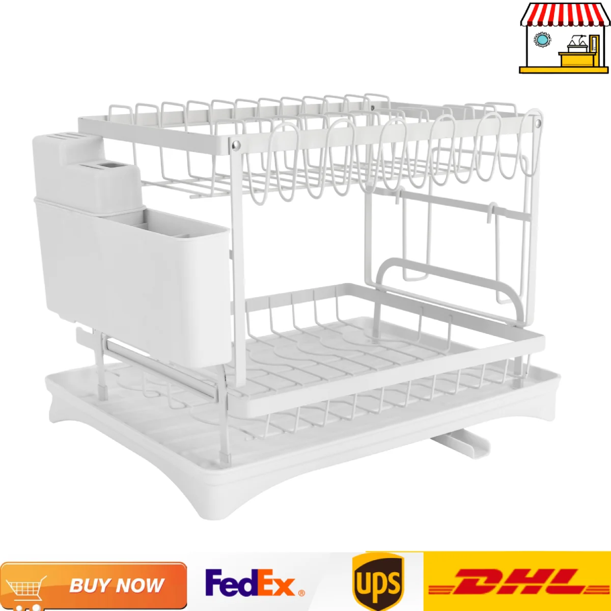Dish Drainer Kitchen Countertop Dish Drying Rack Cutlery Holder with Spout and Draining Tray--Black/White